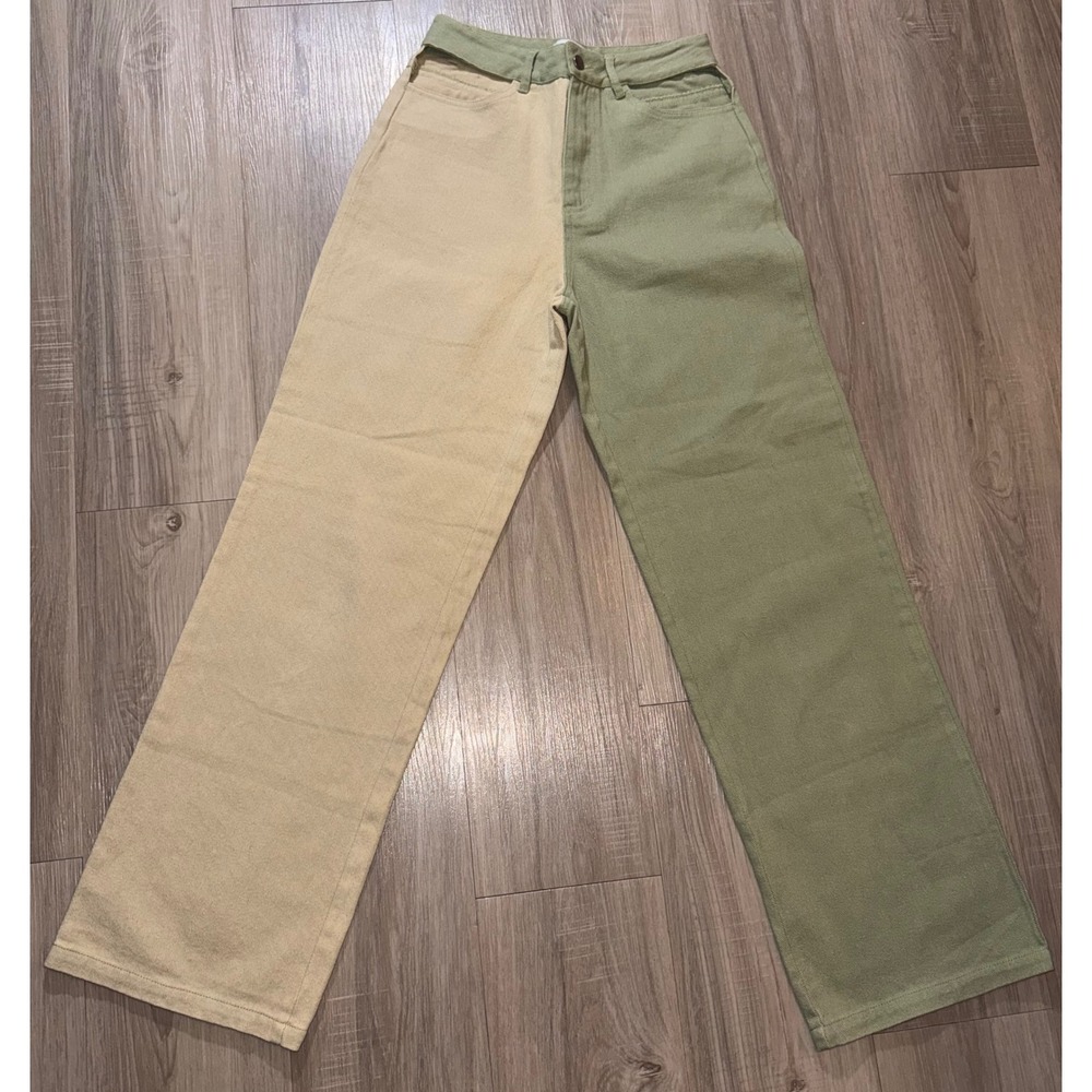 Pretty Garbage Two Tone Sage Green Tan Wide Leg Colorblock Jeans Women Small